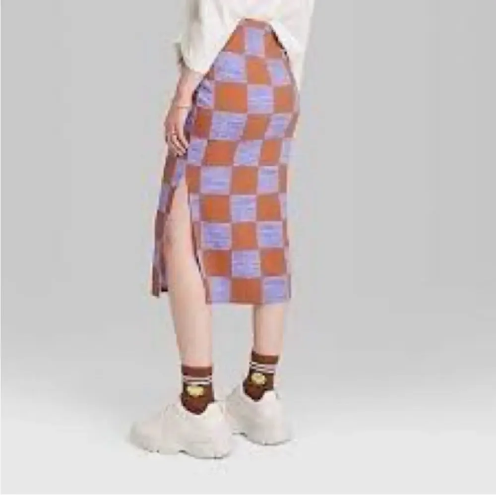 Ascot and Hart Purple and brown checkered Midi Pencil Skirt with Slit 3X - Picture 2 of 6